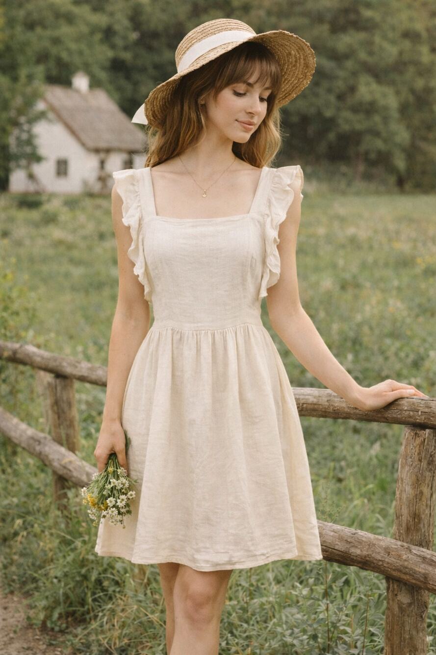 Milkmaid Fit Flare Dress Short Small Cream Linen Open Back Ruffle Sleeve Prairie